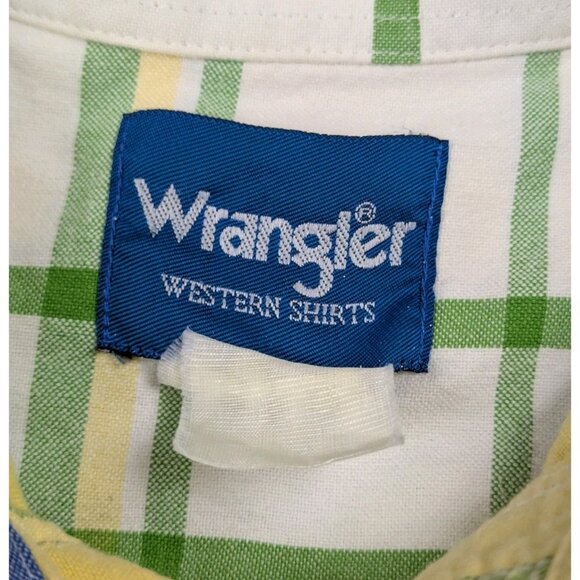 Vintage Wrangler Button Down Shirt Mens Medium Yellow Plaid Sleeve Spellout - Picture 6 of 8